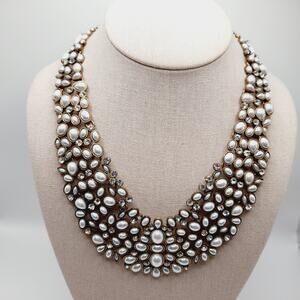 Bubblebar Gold Tone Faux Pearl Statement Necklace 20 Inch Rhinestone Collar